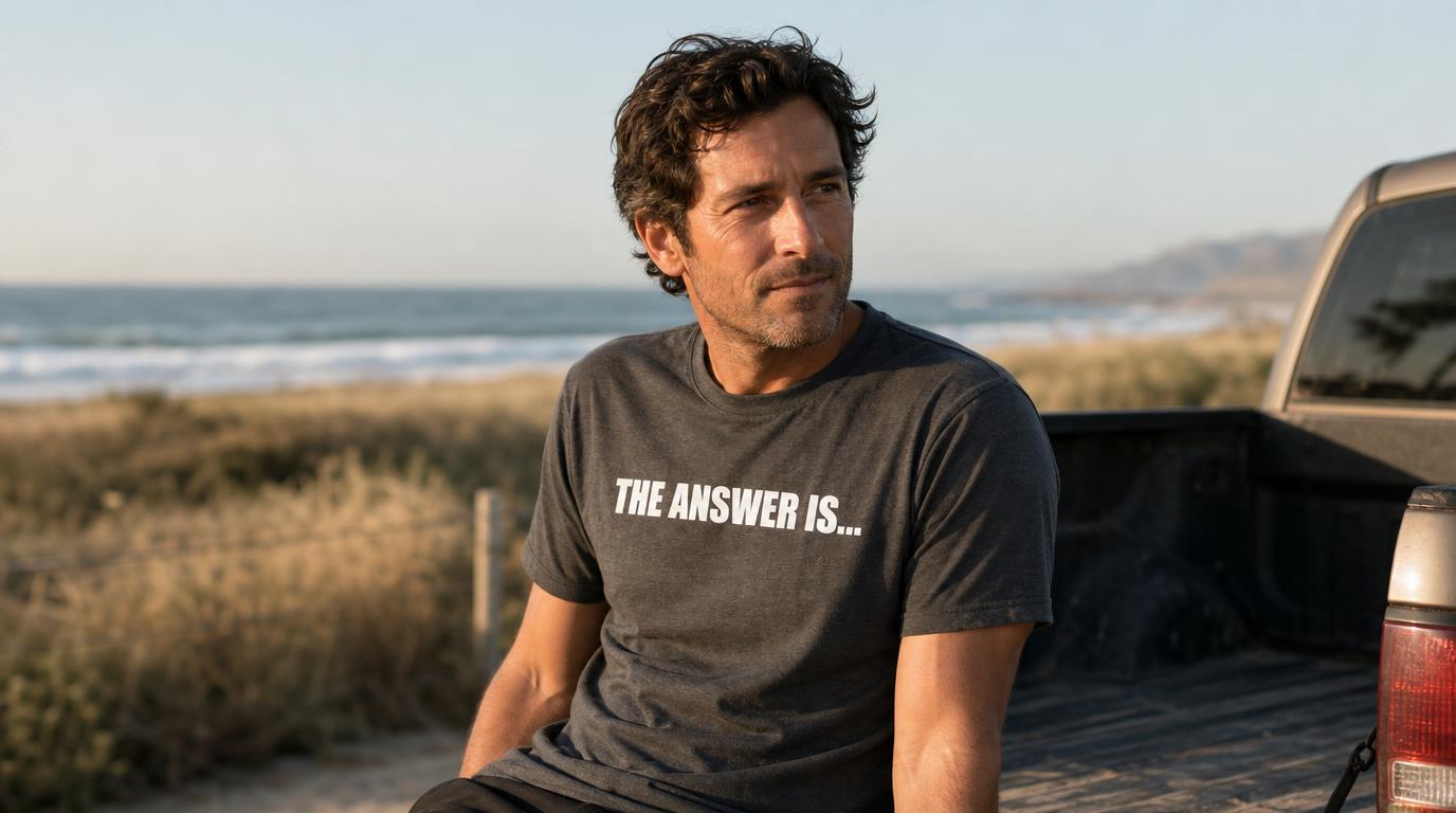 Man in a heather charcoal Christian tee reading THE ANSWER IS... sitting on a truck tailgate at a Southern California beach lot.