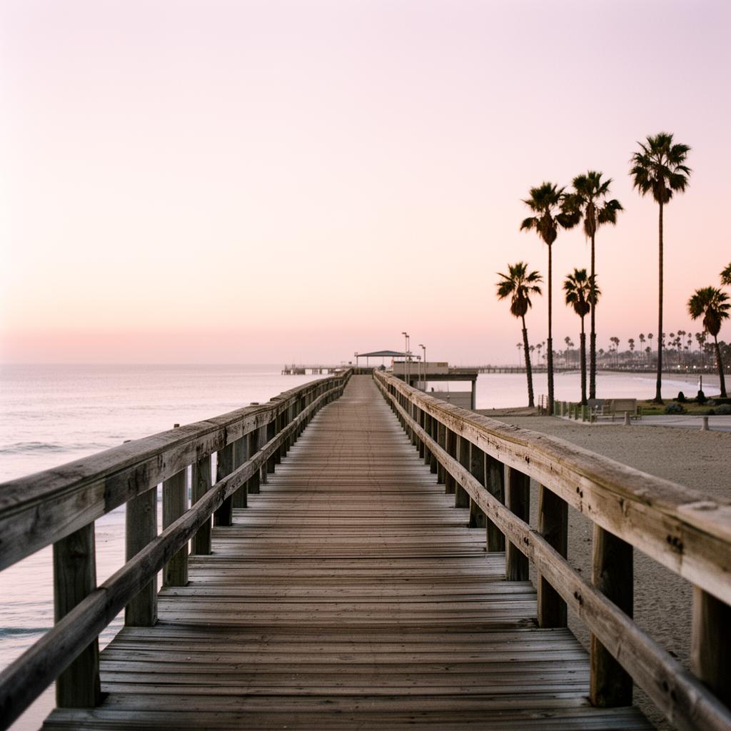 Carlsbad pier at sunset with palm trees