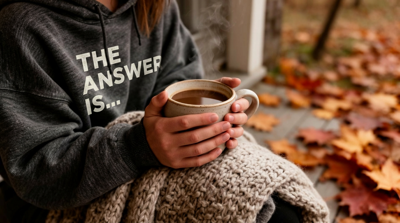 Close-up of hands holding a steaming ceramic mug of coffee while wearing a soft heather-charcoal hoodie on an autumn porch with fallen leaves.