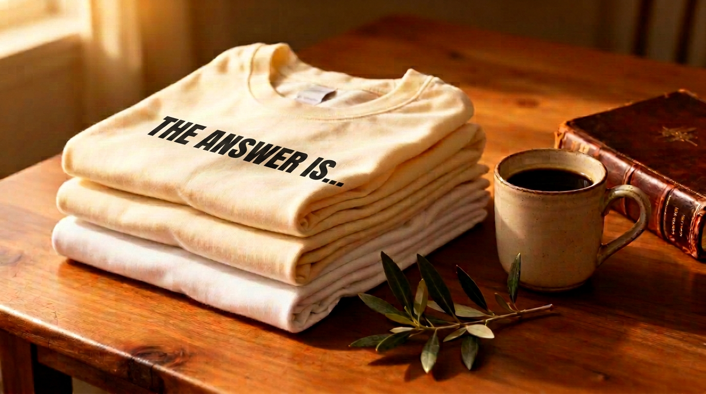 Stack of folded cream cotton Christian t-shirts on a warm oak table beside a leather Bible and ceramic mug of coffee in morning light.