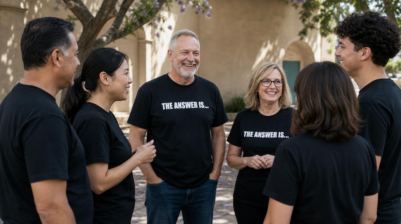 Church volunteer team in matching black THE ANSWER IS... tees talking together in a sunlit courtyard.