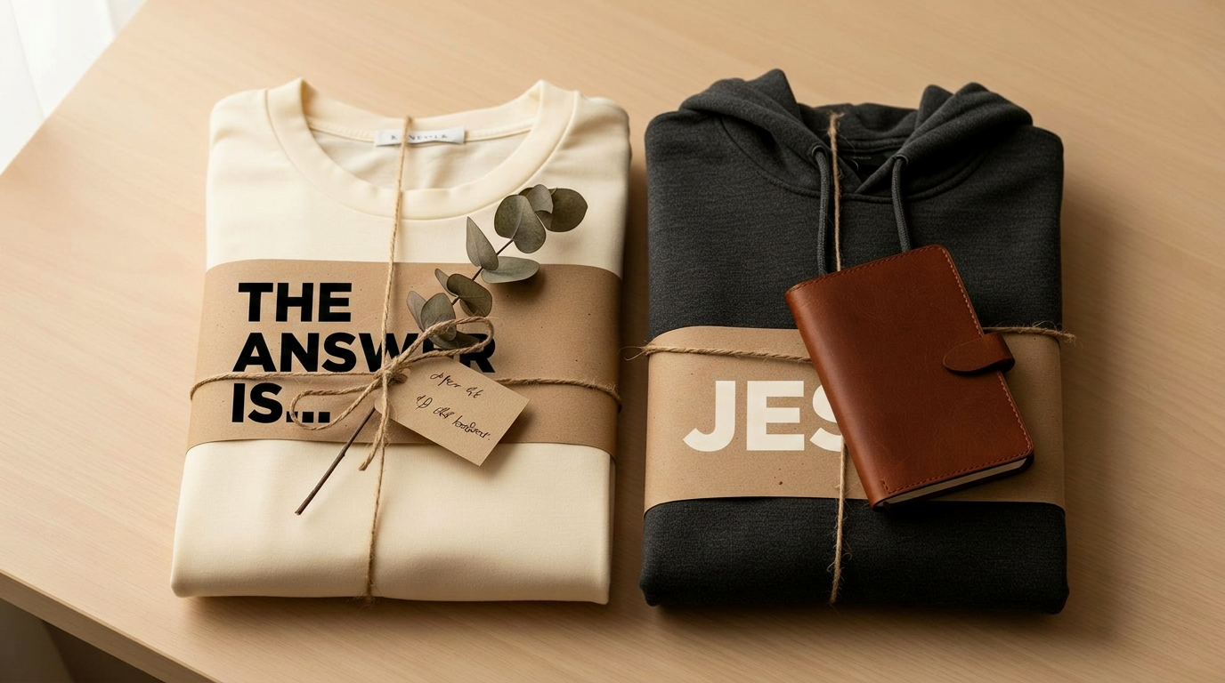 Cream t-shirt and charcoal hoodie folded and wrapped in kraft paper with jute twine, dried eucalyptus, and a leather journal on a pale oak table.