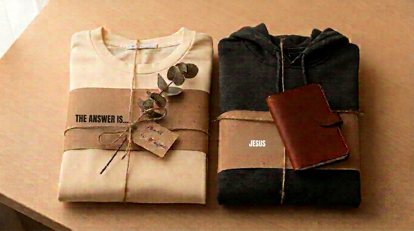 Cream t-shirt and charcoal hoodie folded and wrapped in kraft paper with jute twine, dried eucalyptus, and a leather journal on a pale oak table.