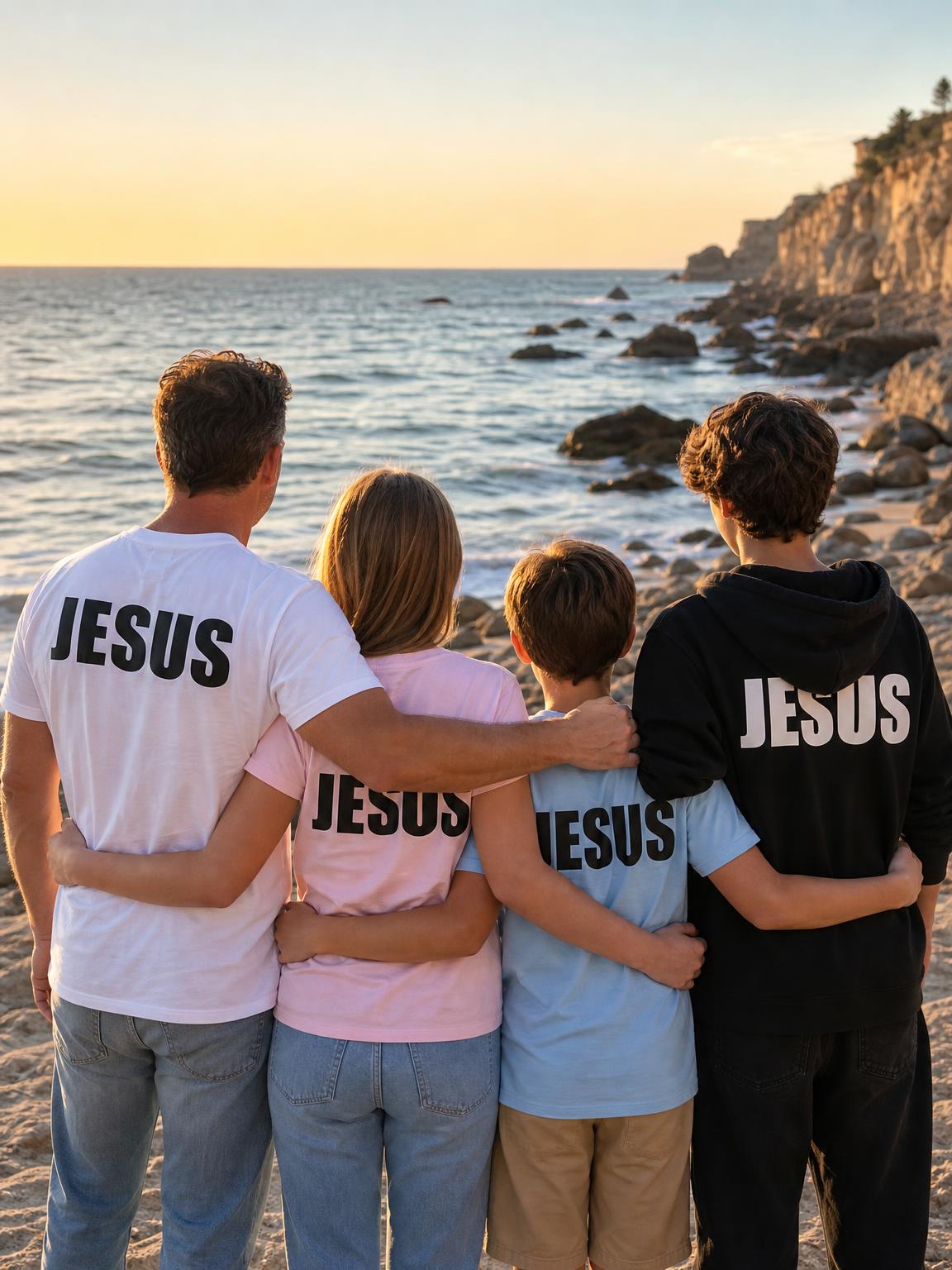 Family facing the ocean wearing THE ANSWER IS...® apparel with JESUS printed across the back
