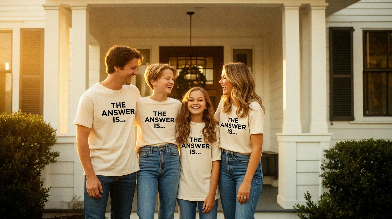 Smiling family of four on a sunlit white craftsman porch, all wearing simple cream cotton tees and jeans in golden hour light.