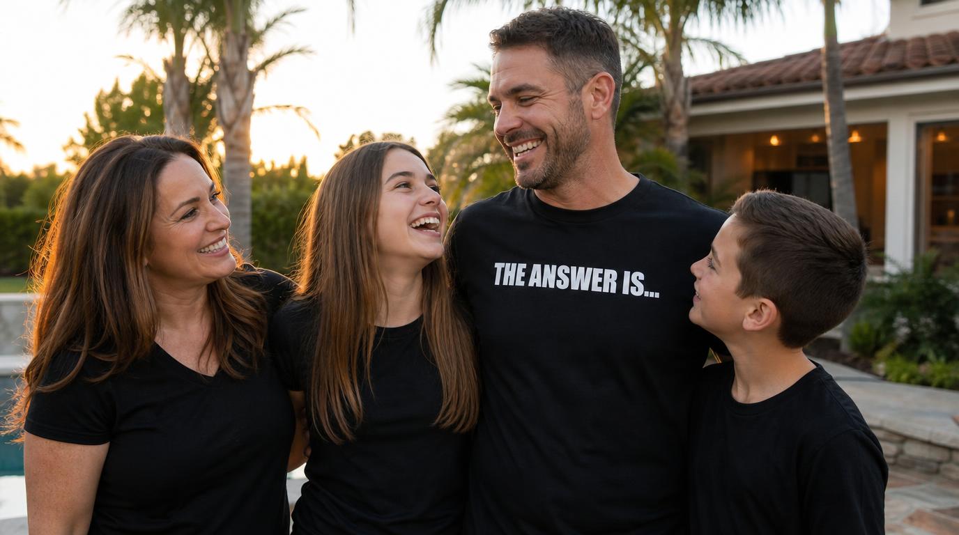 Smiling family of four on a sunlit white craftsman porch, all wearing simple cream cotton tees and jeans in golden hour light.