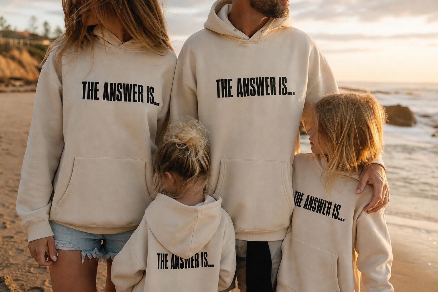 Family wearing THE ANSWER IS...® apparel