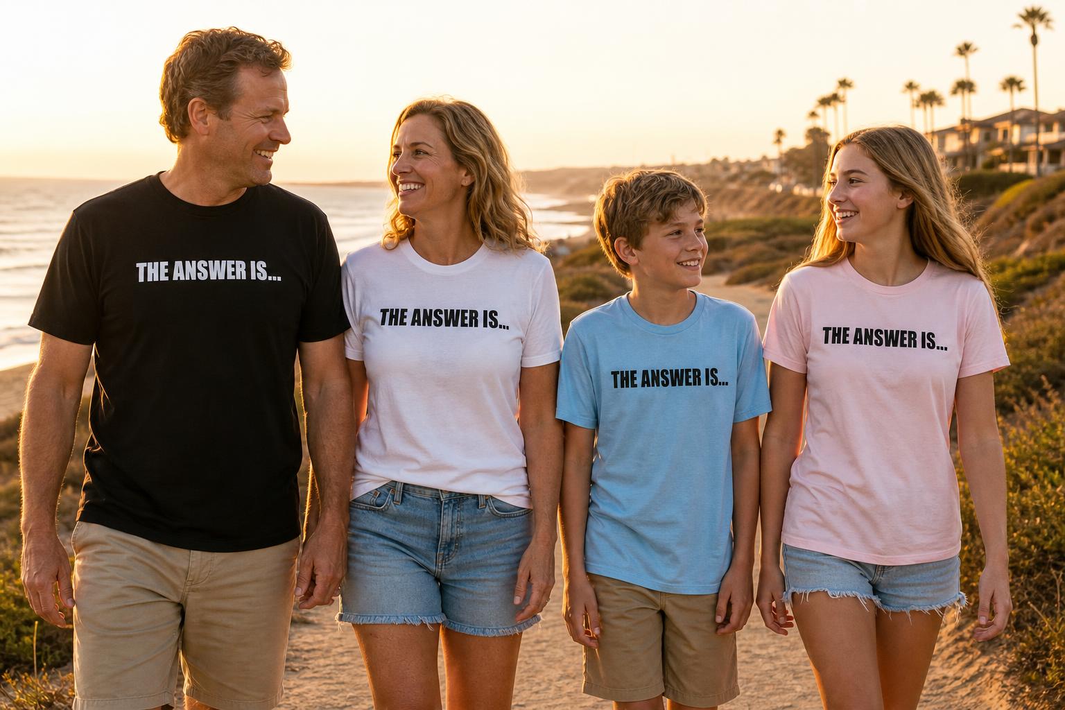 Family of four walking a Southern California beach path at golden hour in THE ANSWER IS...® tees