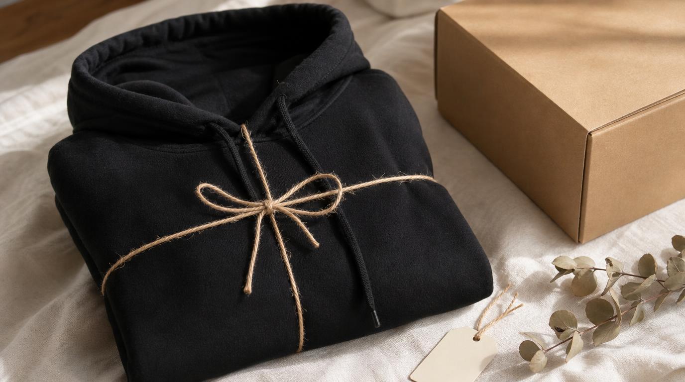 Folded black fleece Christian hoodie tied with twine beside a kraft gift box and dried eucalyptus.