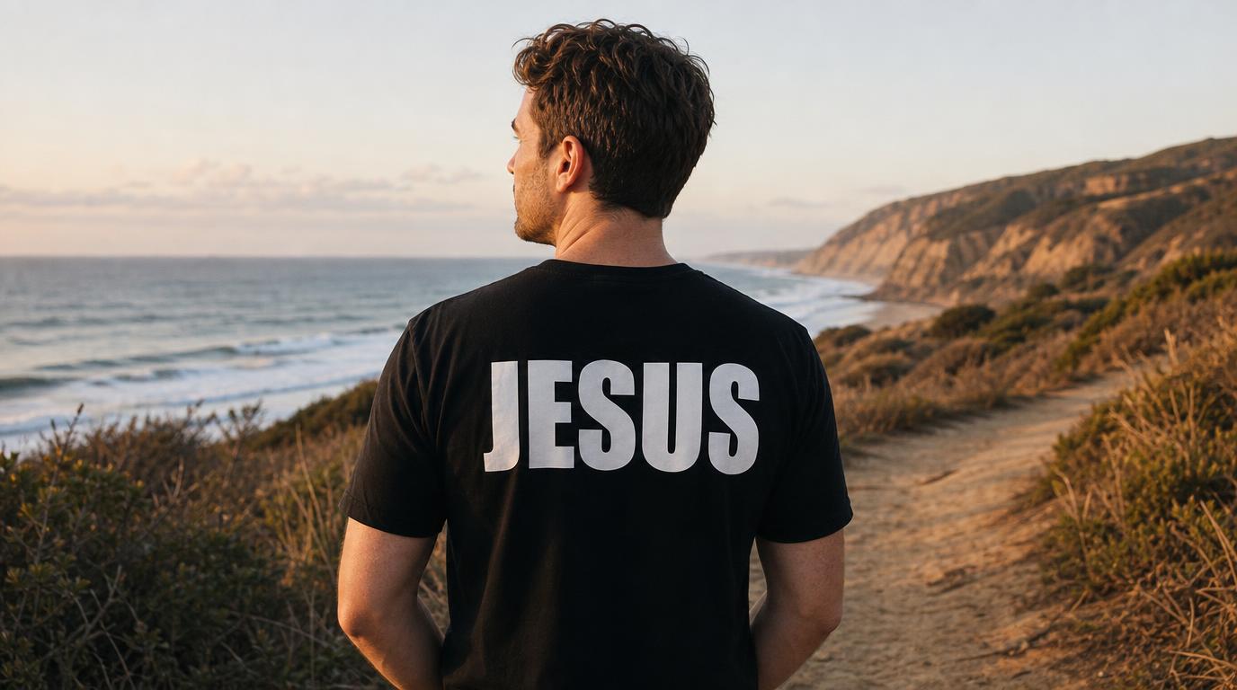 Back view of a man on a coastal bluff wearing a black tee with JESUS printed across the upper back at golden hour.