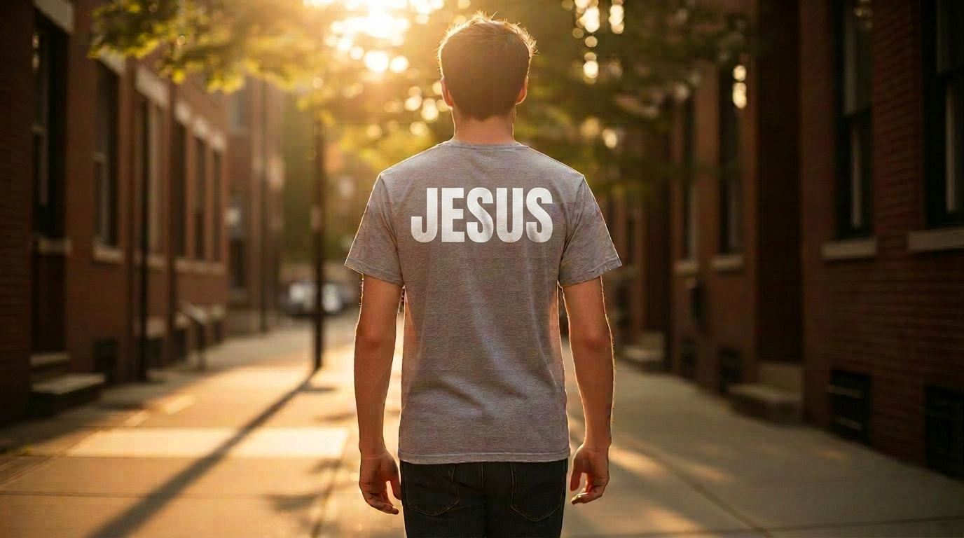 Young man in a heather-grey t-shirt walking down a sunlit sidewalk in golden hour, seen from behind.