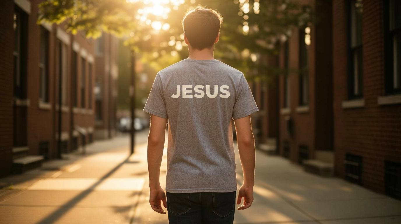 Young man in a heather-grey t-shirt walking down a sunlit sidewalk in golden hour, seen from behind.