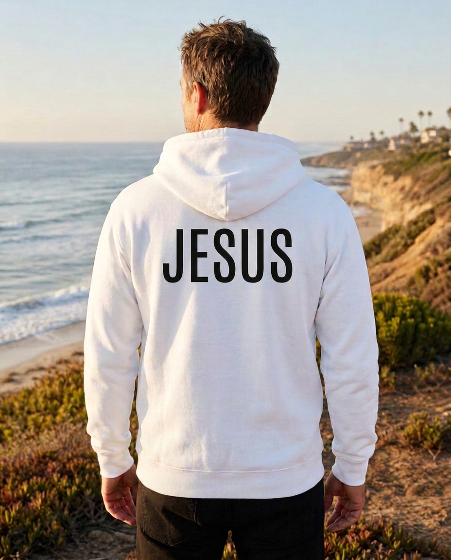 Thumbnail — Men's white “The Answer Is...” Christian hoodie back with “Jesus” print