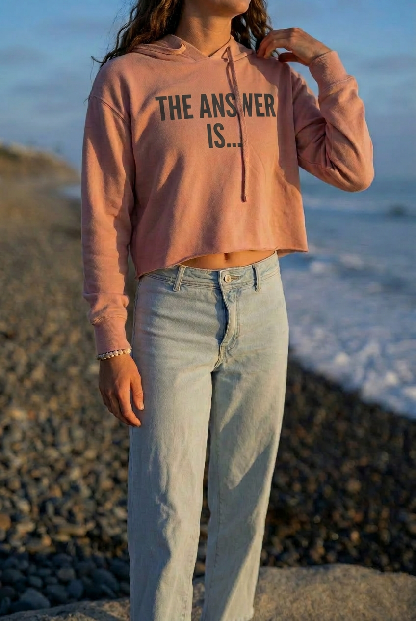 Women's Crop Hoodie — “THE ANSWER IS…” Christian hoodie front print