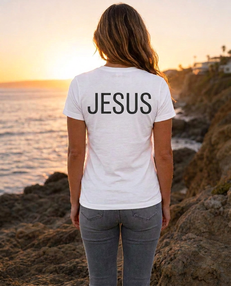 Thumbnail — Women's white “The Answer Is...” Christian shirt back with “Jesus” print