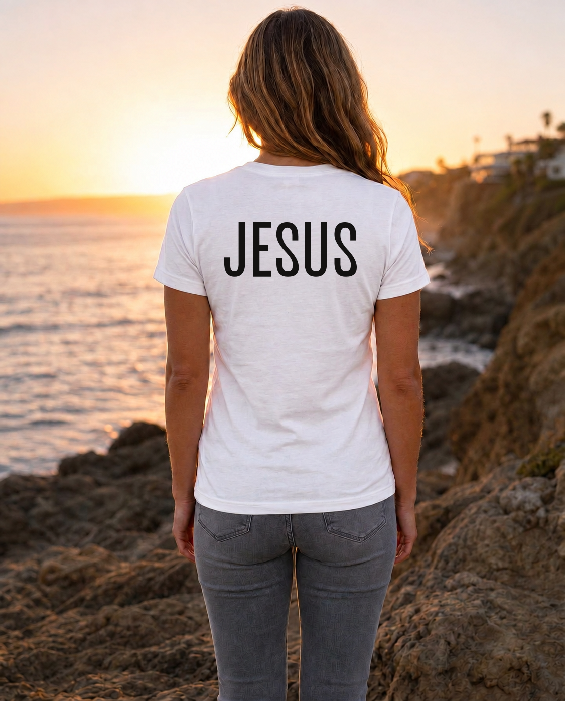 Thumbnail — Women's white “The Answer Is...” Christian shirt back with “Jesus” print