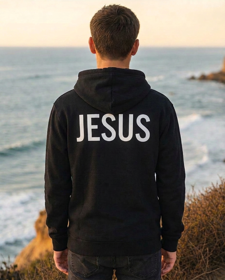 Thumbnail — Youth black “The Answer Is...” Christian hoodie back with “Jesus” print