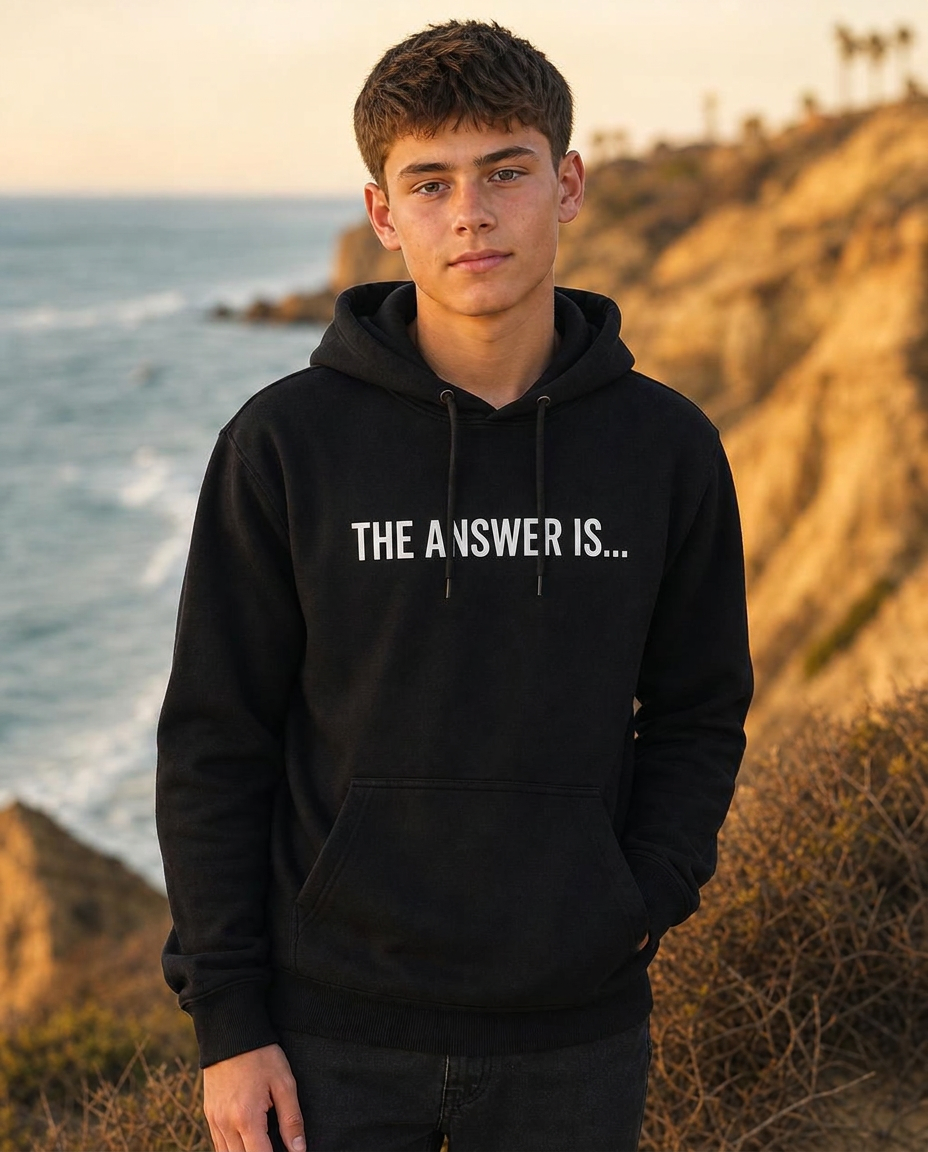 Youth Hoodie — “The Answer Is...” Christian hoodie front print
