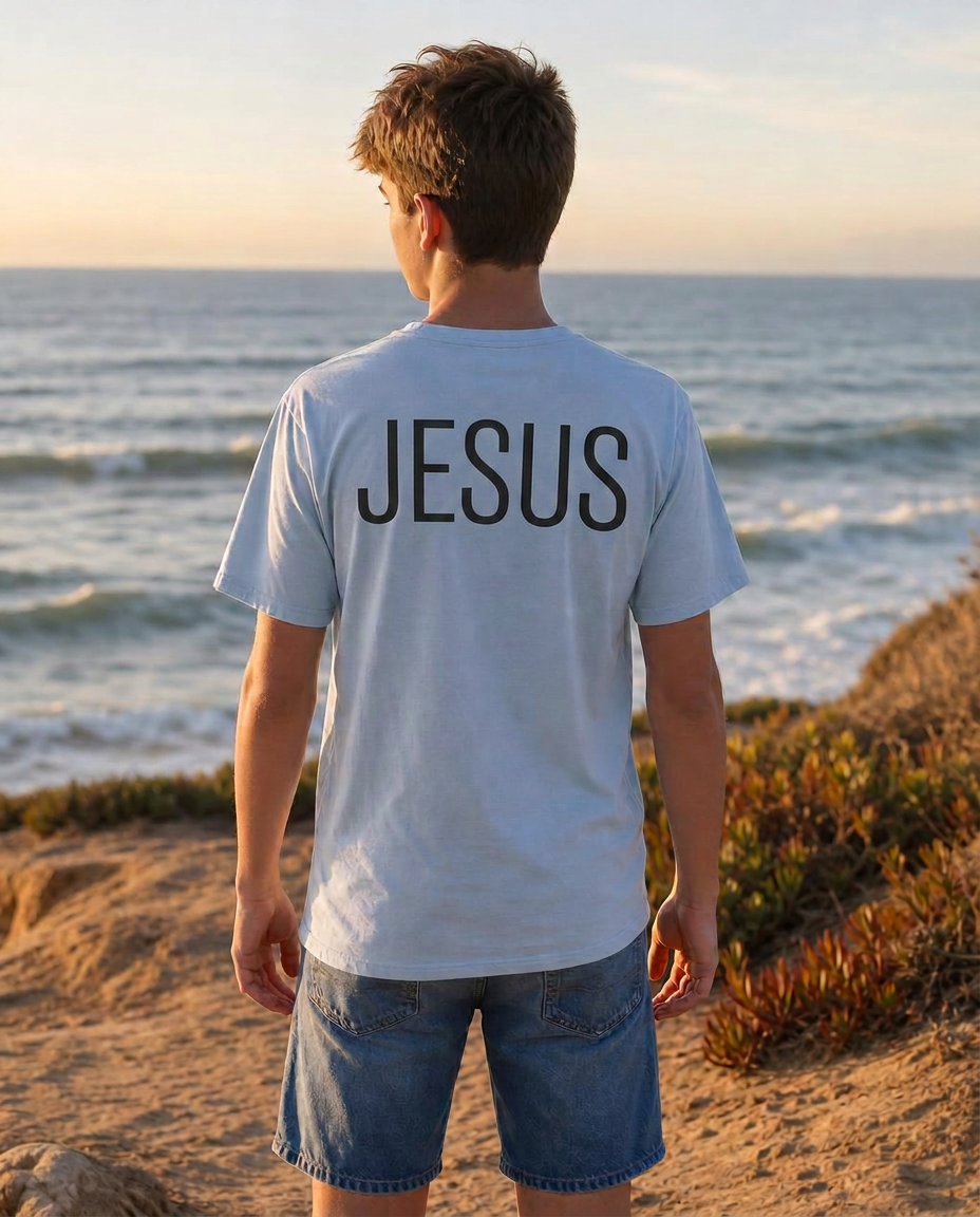 Thumbnail — Youth light blue “The Answer Is...” Christian shirt back with “Jesus” print