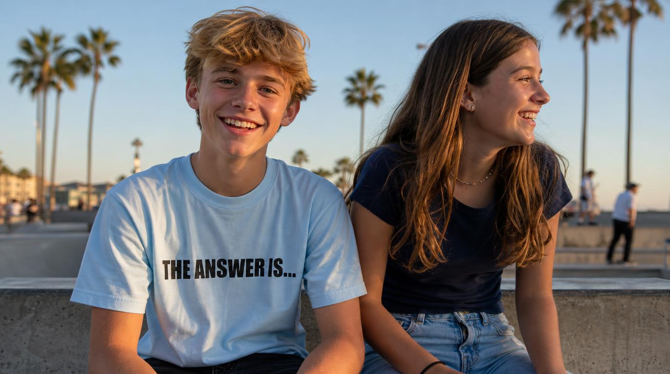 Two teens at a Southern California skate park, the boy wearing a light blue youth Christian tee printed with THE ANSWER IS...
